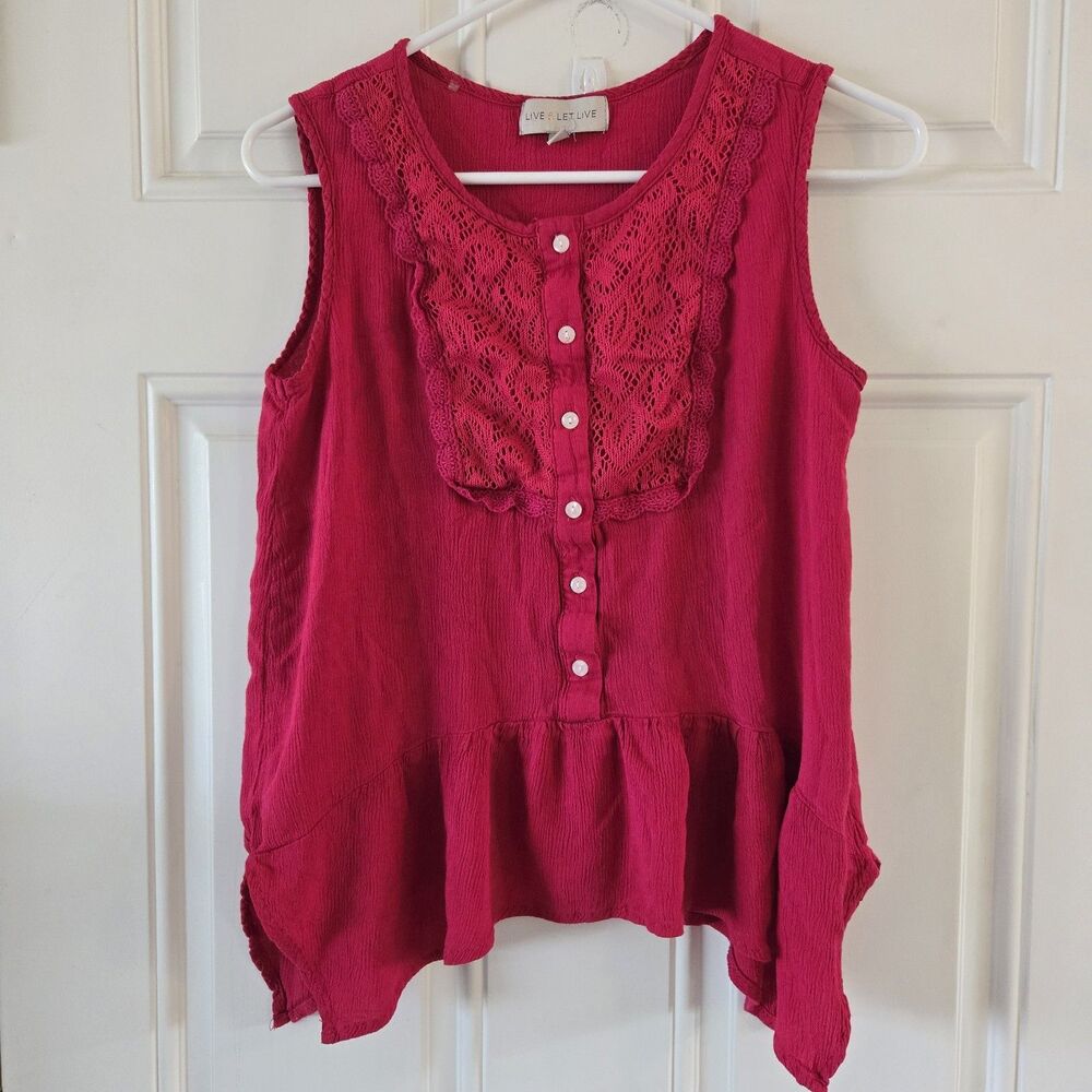Live & Let Live Small Pink Sleeveless Peplum Blouse Crochet Lace Trim Rayon Tank